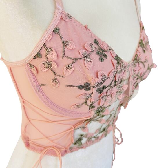 Coquette Fairy Floral Corset Top Womens Small Pink Embroidery Lace Up Festival - Picture 4 of 6